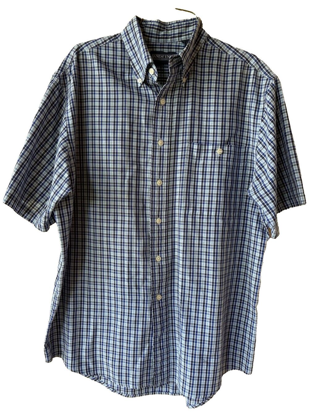 Lands End men Blue & White Plaid Short Sleeve Button Down Shirt size Medium